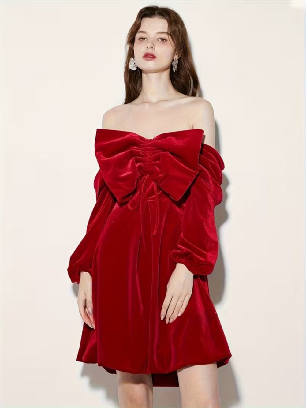 Off-Shoulder Red Velvety Bow Dress TEMPORARILY UNAVAILABLE DO NOT PURCHASE - Picture 5 of 5